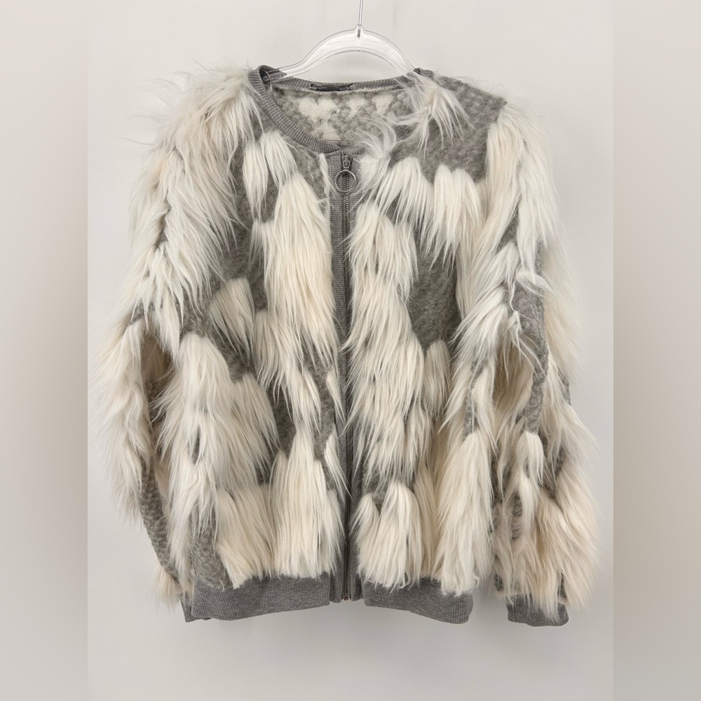 Zara Faux Fur Eyelash Design Full Zip Up Sweater Size Small White Gray - Picture 2 of 11